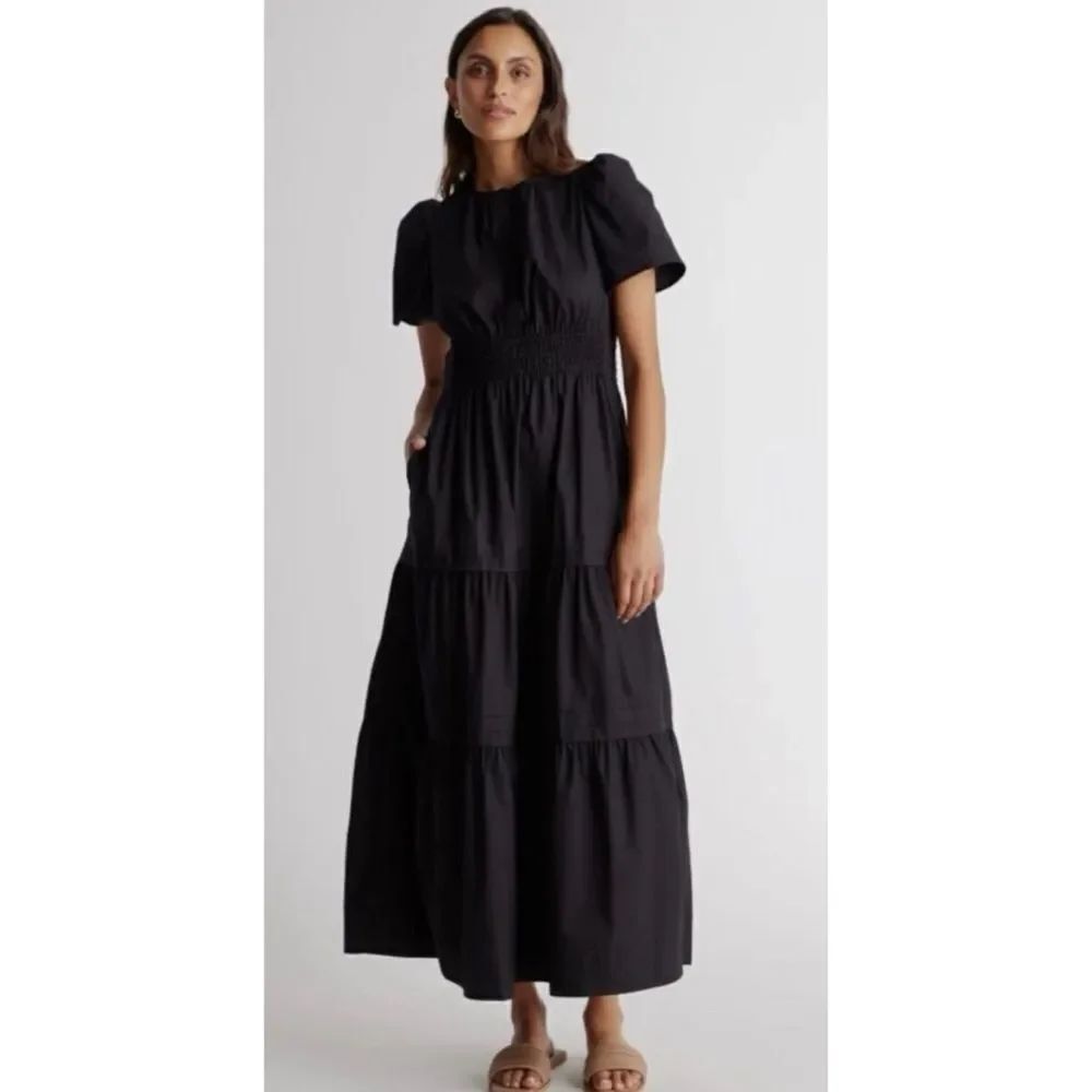 QUINCE 100% Organic Cotton Poplin Tiered Maxi Dress in Black - Size L ~ NWT